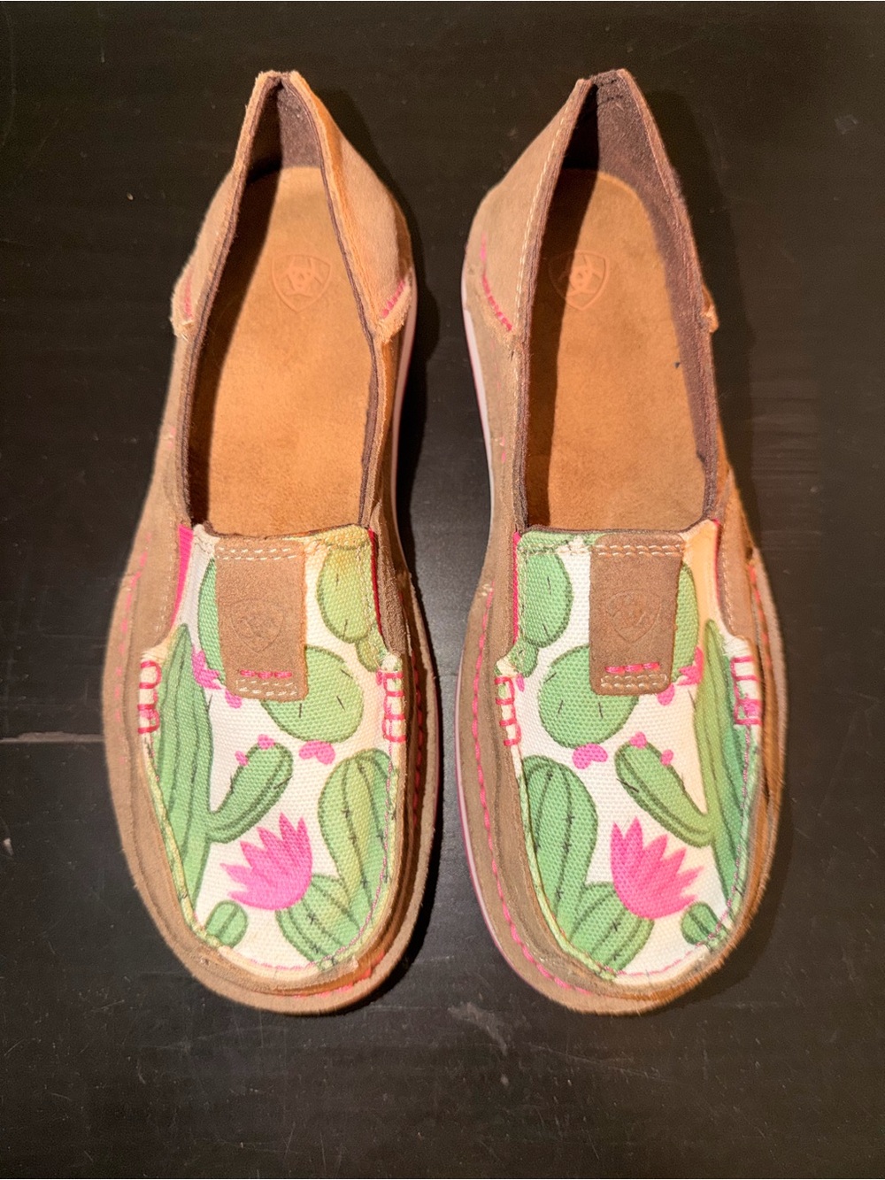 Ariat Brown Canvas Moccasins with Pink & Green Cactus Print
